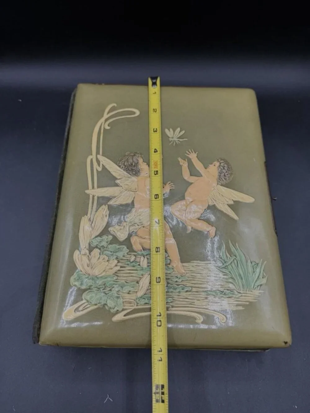 Victorian Green Celluloid Cherubs Dragonfly Photo Album Antique No Latch READ